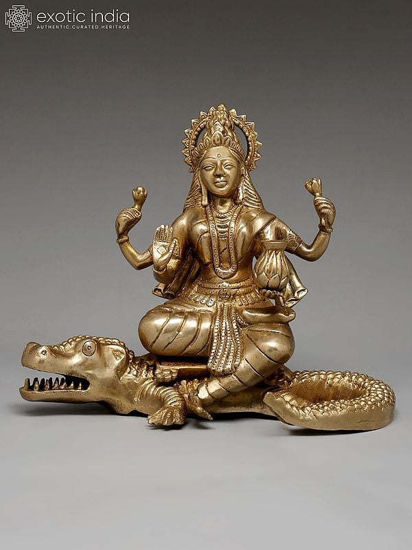 12" Goddess Ganga Seated on Crocodile | Brass Statue