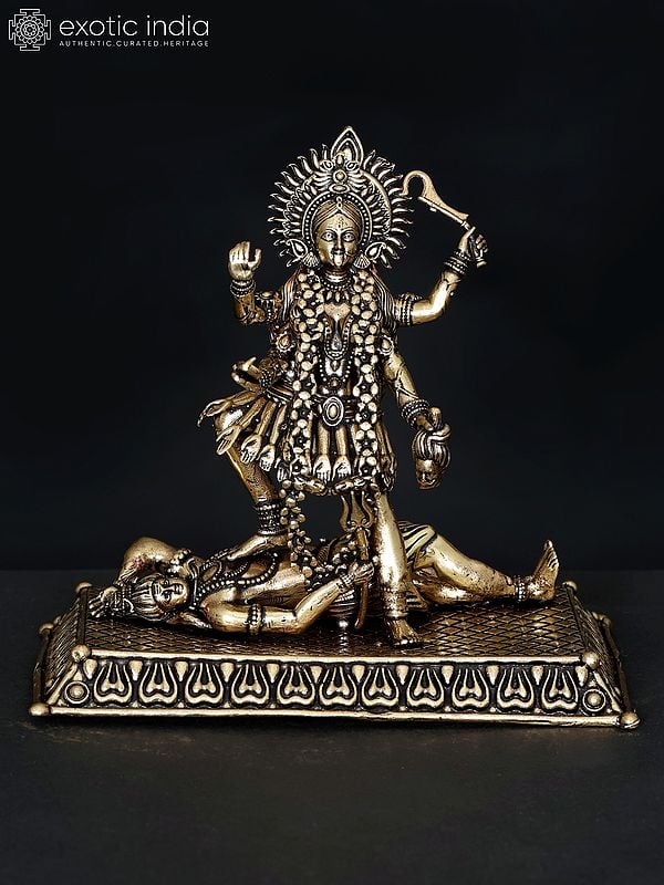 4" Small Superfine Goddess Kali Standing on Lord Shiva | Brass Statue