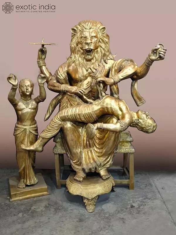 80" Large Brass Statue Of Lord Narasimha Killing Hiranyakashipu With Bhakta Prahlad | Brass Statue | Ship by Sea