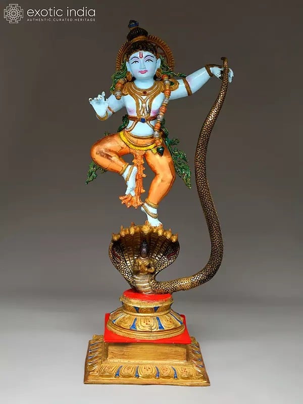 26" Colored Lord Krishna Dancing on Kaliya Naag | Brass Statue