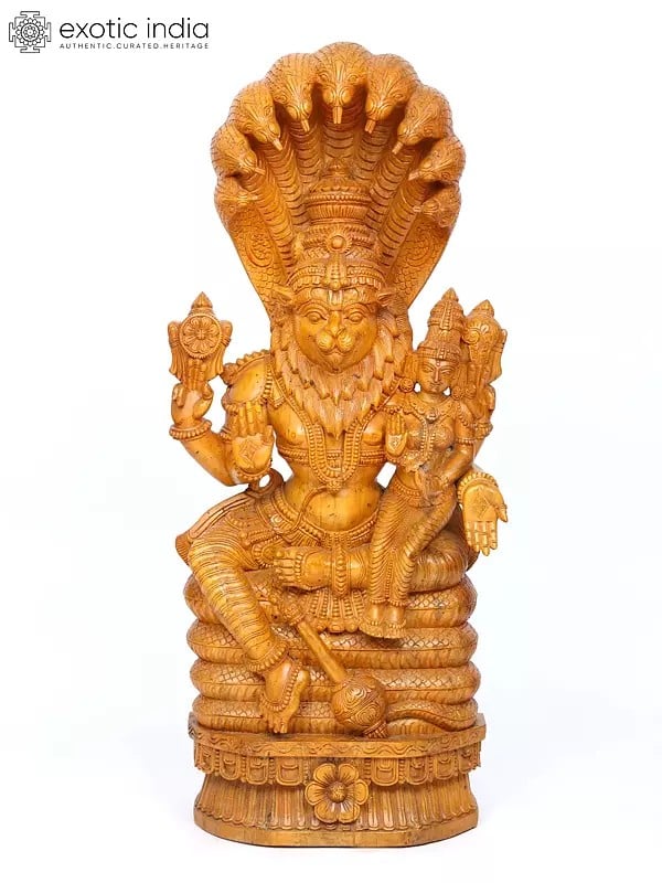 46" Lord Narasimha Seated on Sheshnag with Devi Lakshmi | Wood Carving