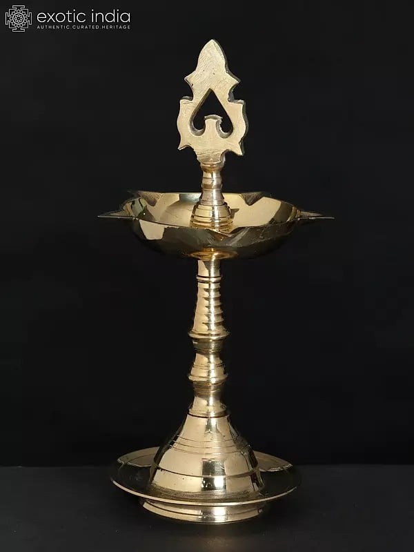 6" Indian Brass Pooja Lamp (Deepam) with Leaf Top