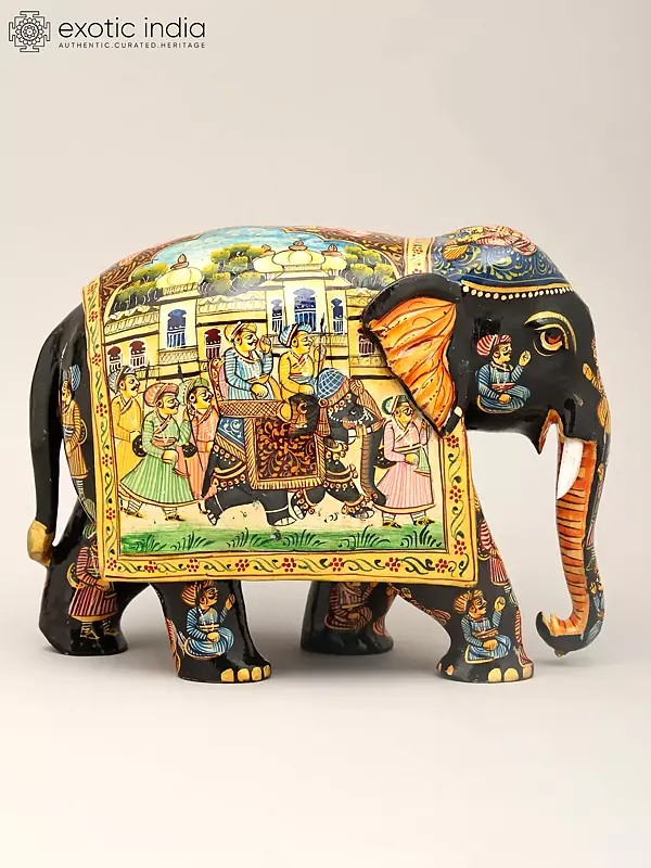 Wooden Elephant Decorated with Miniature Paintings
