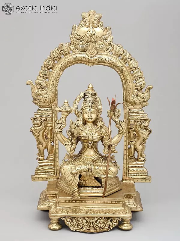17" Goddess Rajarajeshvari (Tripura Sundari) Seated on Kirtimukha Throne | Hoysala Bronze Statue