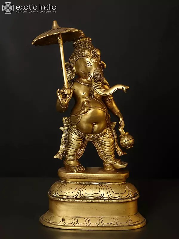 14" Lord Ganesha Idol with Umbrella | Brass Statue