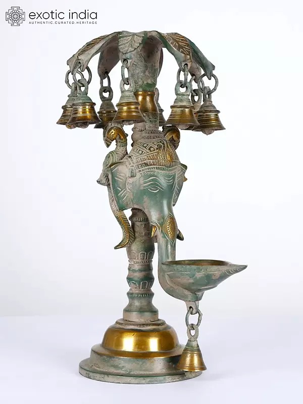 12" Brass Ganesha Lamp with Bells | Ritual Item