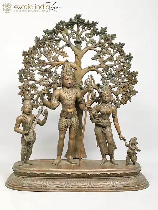 41" Large Size Shiva Family Standing Under the Tree | Madhuchista Vidhana (Lost-Wax) | Panchaloha Bronze from Swamimalai
