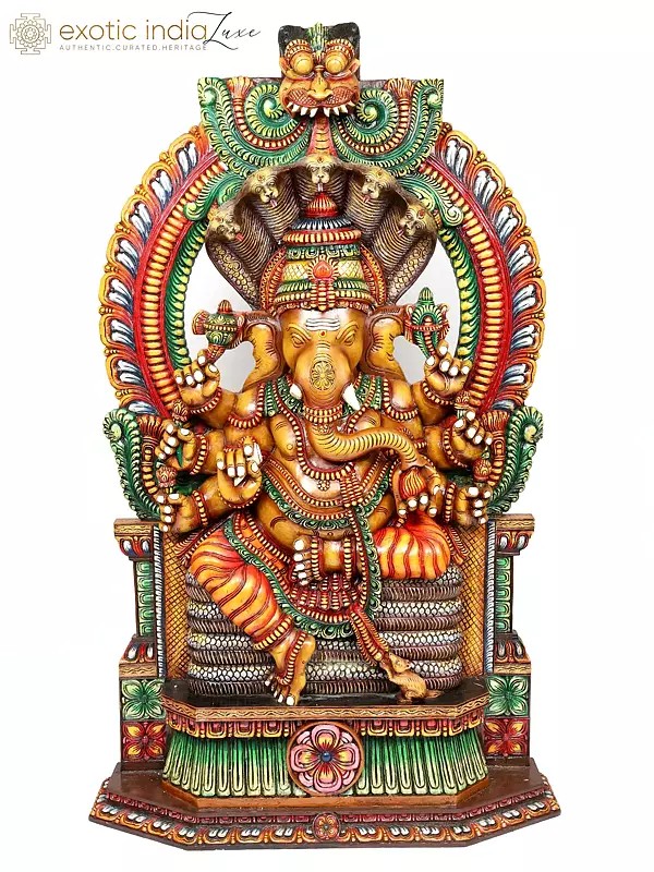 80" Large Size Eight Armed Lord Ganesha Seated on Kirtimukha Throne | Vaagai Wood Statue