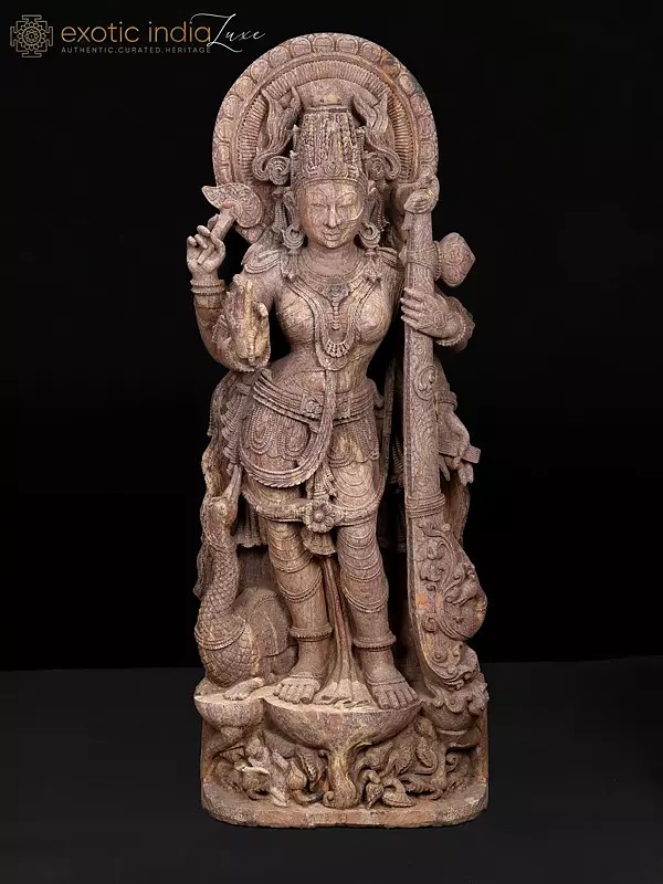 72" Huge Standing Goddess Saraswati | Khondalite Stone Sculpture | Shipped by Sea