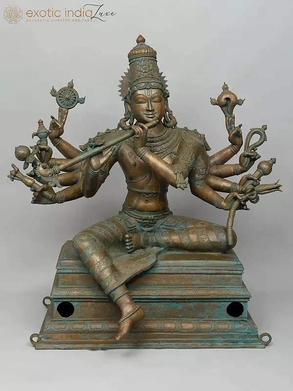 38" Large Ten Armed Sitting Venugopal (Lord Krishna) | Madhuchista Vidhana (Lost-Wax) | Panchaloha Bronze from Swamimalai