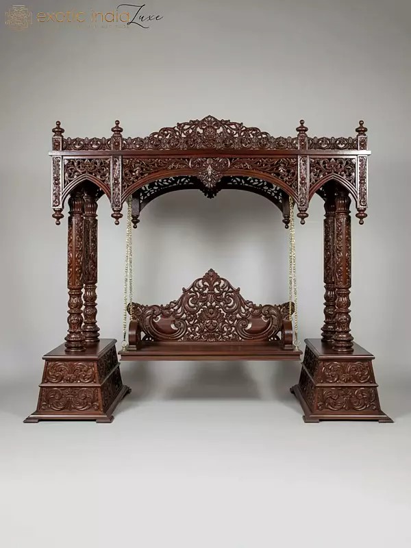 126" Large Traditional Wooden Hand Carved | Floral Motifs Design Swing with Brass Chains | Home Decor | Shipped by Sea Overseas