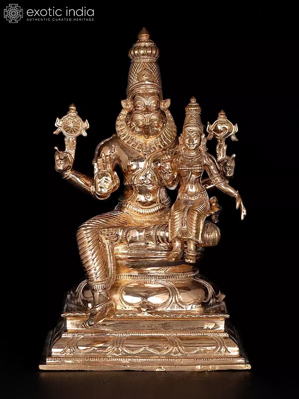 15" Blessing Lord Narasimha Seated with Goddess Lakshmi | Bronze Statue
