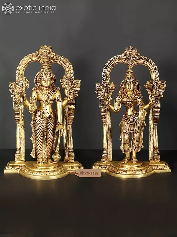 13" Standing Vishnu - Lakshmi on Kirtimukha Throne | Set of 2 Brass Statues