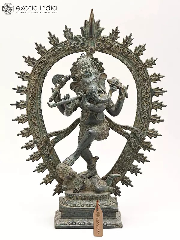 13" Dynamic Dancing Ganesha Under Cosmic Arch | Brass Statue