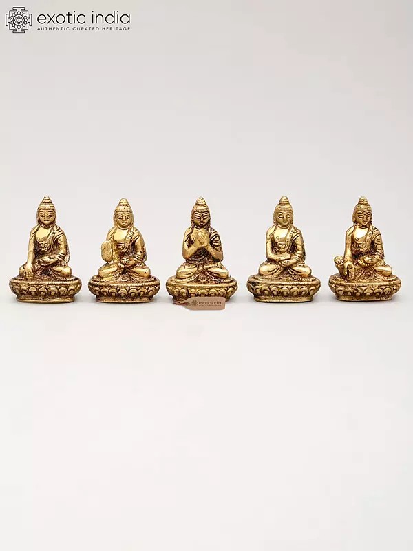 2" Small Set of Five Buddhas in Different Mudra | Brass Statues