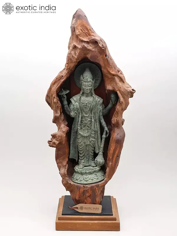 28" Standing Brass Lord Vishnu in Hand-Carved Wooden Grotto