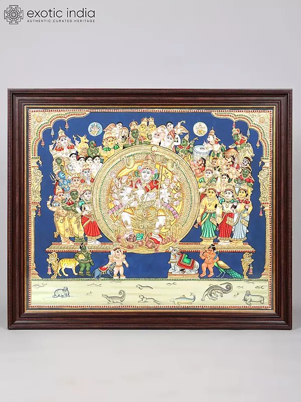 Divine Nataraja Darshan: Gods and Goddesses Witnessing Shiva’s Cosmic Dance | Framed Tanjore Painting with 24 Karat Gold Work