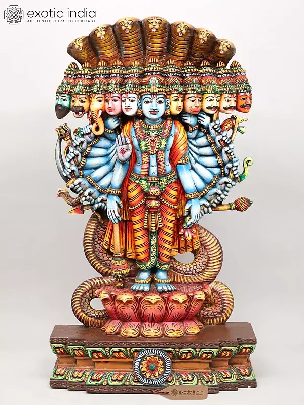 42" Vishwarupa Darshan: The Cosmic Form of Lord Vishnu | Hand-Painted Large Size Wood Carved Sculpture