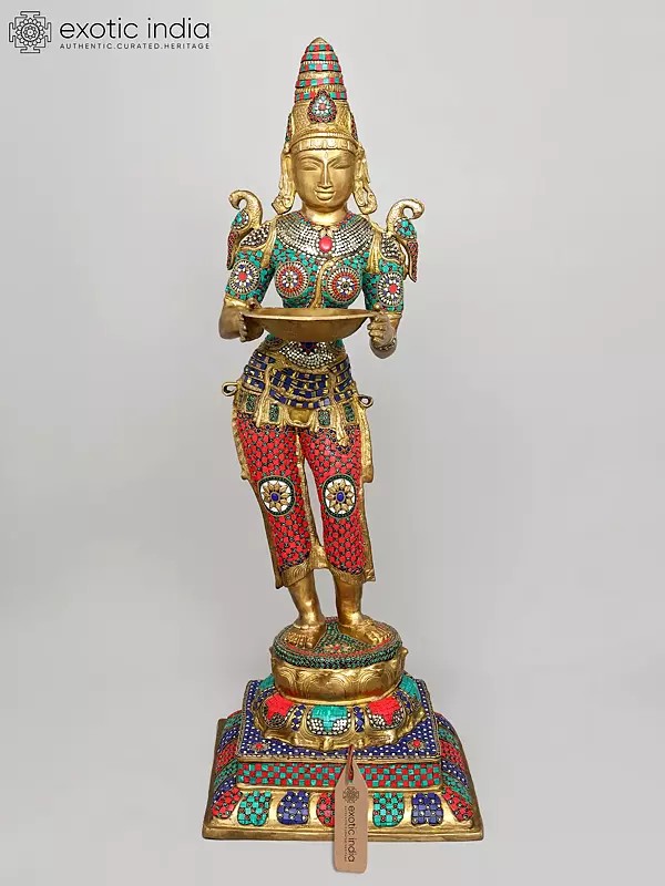 48" Large Standing Deep Lakshmi | Brass Statue with Inlay Work