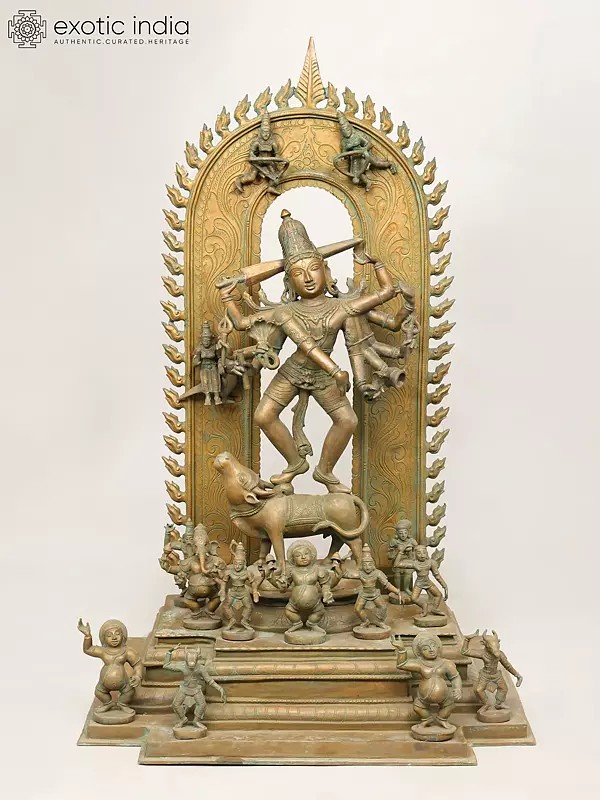 52" Large Ten Armed Divine Lord Shiva Dancing on Nandi | Madhuchista Vidhana (Lost-Wax) | Panchaloha Bronze from Swamimalai