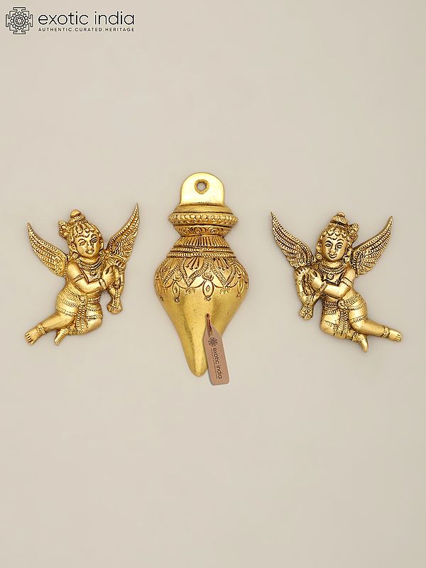 4" Brass Set of Ritual Kalash and Gandharvas | Wall Hanging
