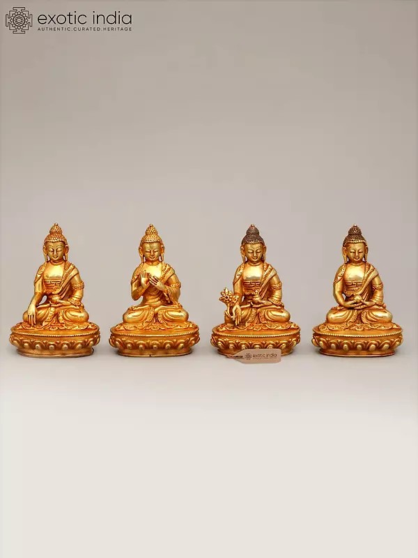 3" Small Set of Four Buddha in Different Mudras | Copper Statues