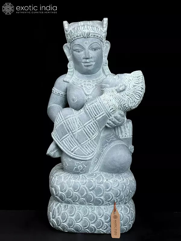 24" Mata Anjani with Baby Hanuman | Granite Stone Statue from Mahabalipuram