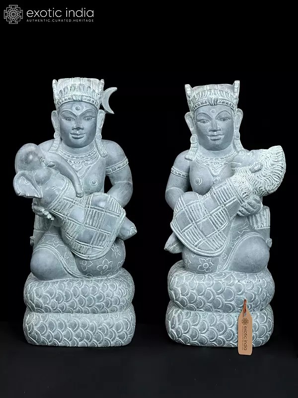 24" Goddess Parvati with Ganesha and Mata Anjani with Hanuman | Pair of Granite Stone Statues from Mahabalipuram