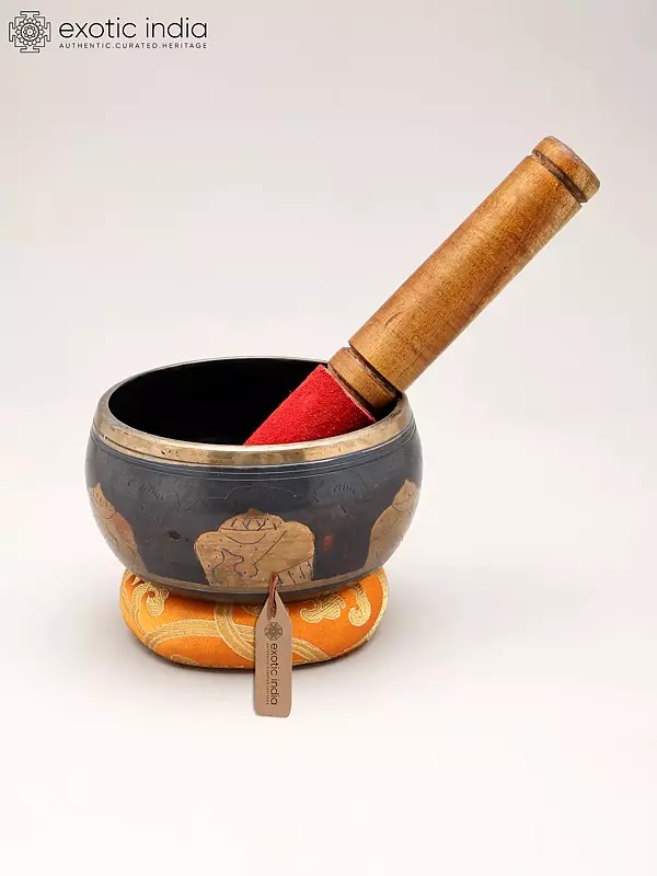 4" Black Tibetan Singing Bowl with Five Dhyani Buddhas Engraving - Sacred Meditation & Sound Healing