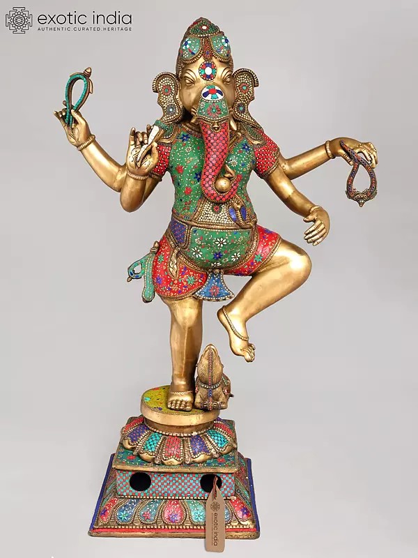 65" Large Size Dancing Lord Ganesha | Brass Statue with Inlay Work