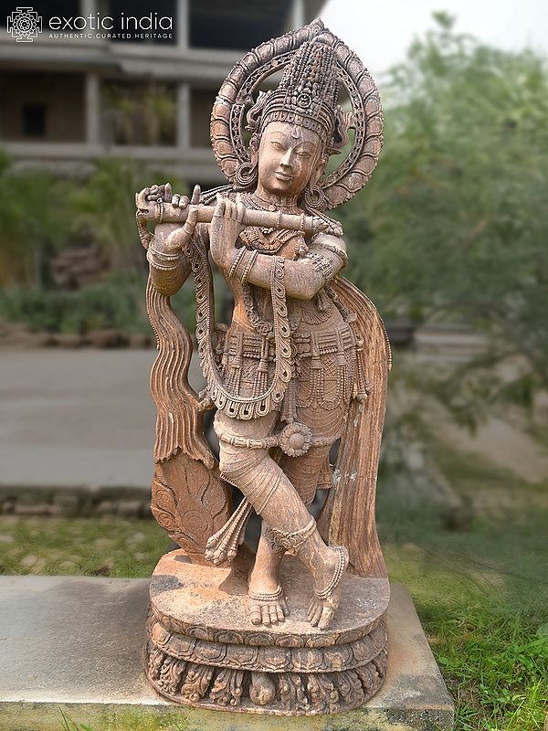 76" Lord Krishna Playing Flute | Sandstone Statue | Exquisite Handmade Indian Art