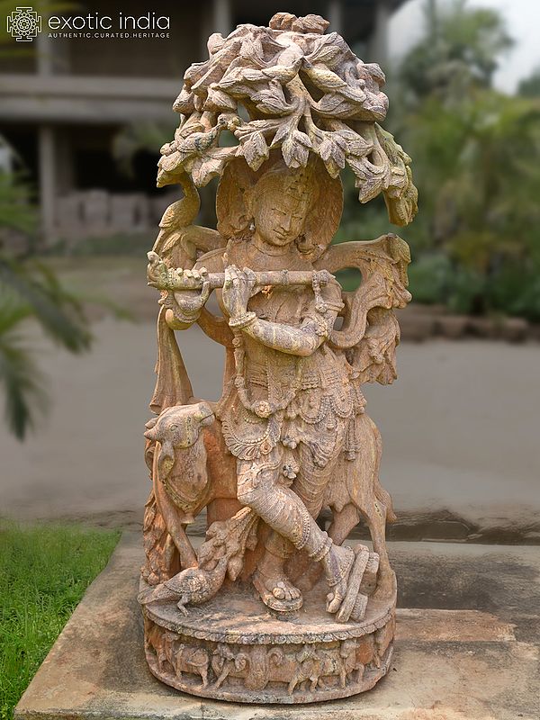 60" Krishna under the Tree | Sandstone Statue | Exquisite Handmade Indian Art