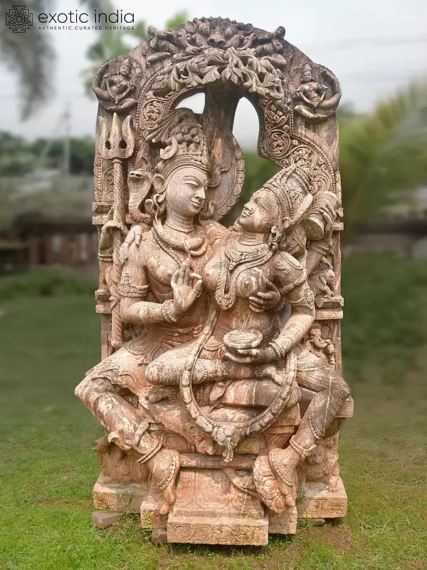 88" Shiv Parvati | Orissa Stone Statue Exquisite Handmade Indian Art | Shipped by Sea Overseas