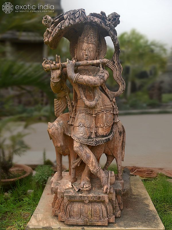 72" Lord Krishna | Sandstone Statue | Exquisite Handmade Indian Art