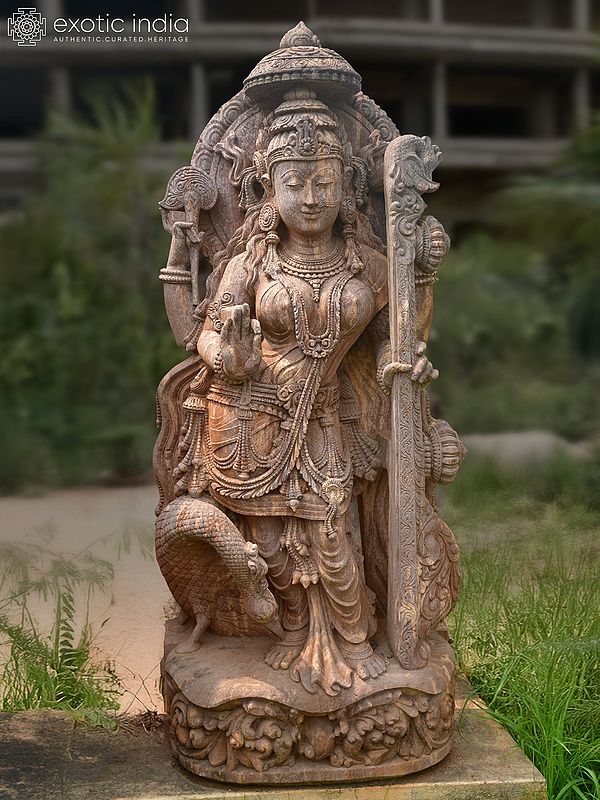72" Goddess Saraswati Holding Veena | Sandstone Statue | Exquisite Handmade Indian Art