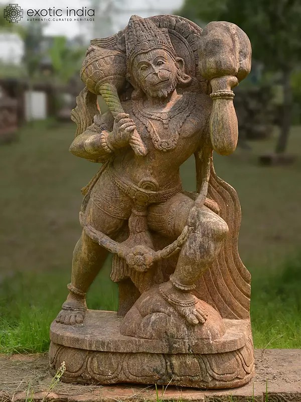 29" Lord Hanuman Holding Sanjivani Buti | Sandstone Statue | Exquisite Handmade Indian Artwork