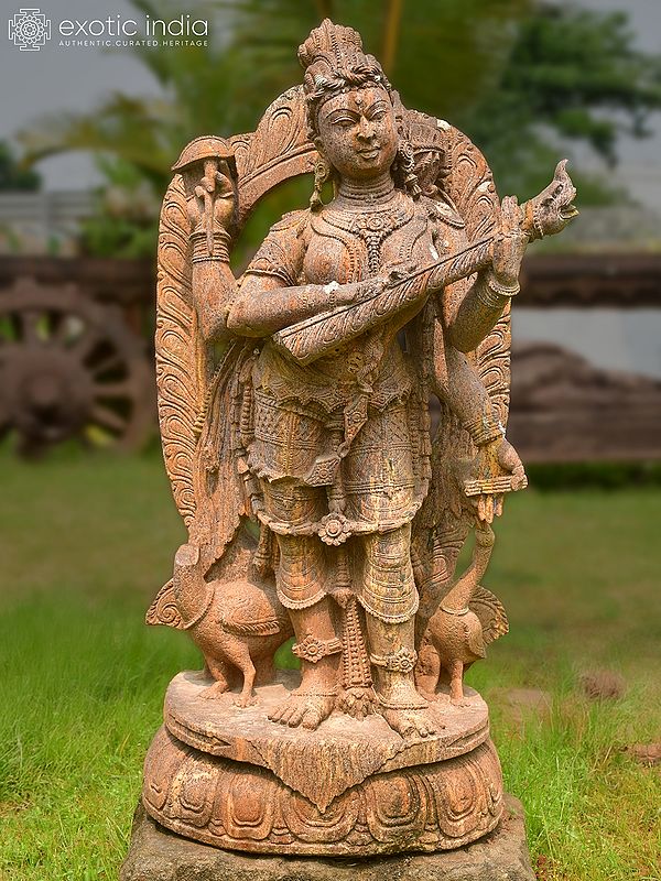 43" Goddess Saraswati Playing Veena | Sandstone Statue | Exquisite Handmade Indian Art