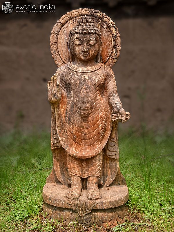 35" Blessing Lord Buddha | Sandstone Statue | Exquisite Handmade Indian Art