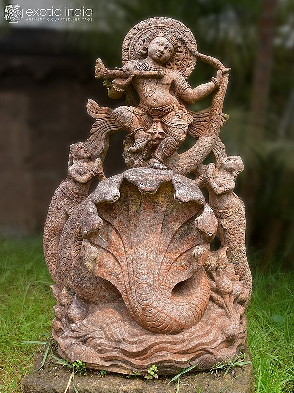 36" Lord Krishna Dancing on Kaliya Nag | Sandstone Statue | Exquisite Handmade Indian Art