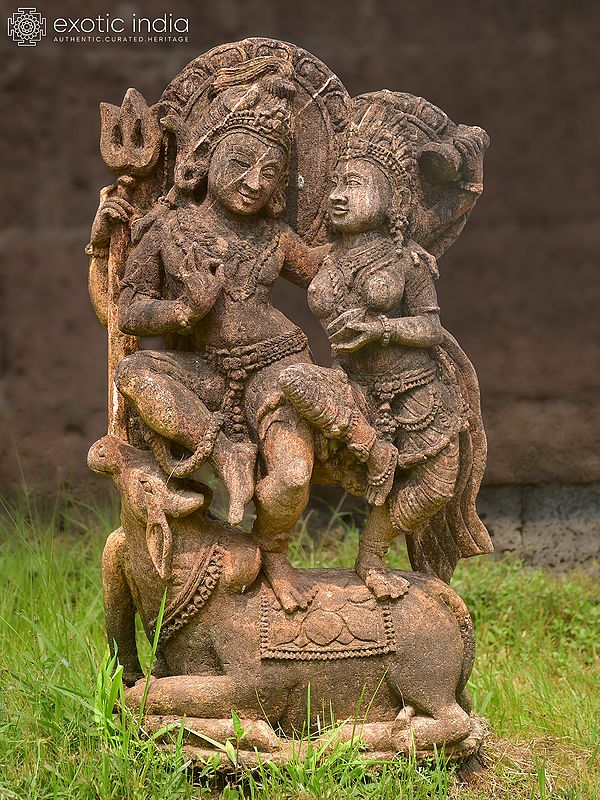30" Shiv-Parvati with Nandi | Sandstone Statue | Exquisite Handmade Indian Art