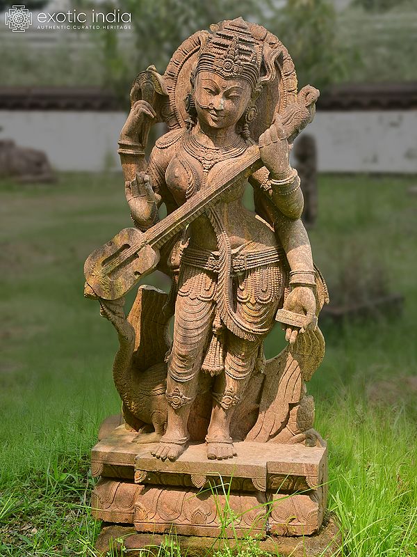 48" Goddess Saraswati | Sandstone Statue | Exquisite Handmade Indian Art
