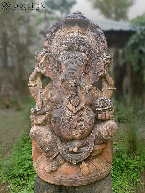50" Four Armed Ganesha | Sandstone Statue | Exquisite Handmade Indian Art