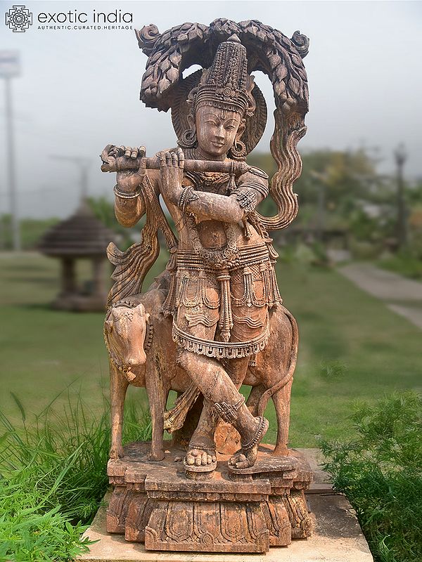 74" Lord Krishna Playing Flute | Sandstone Statue | Exquisite Handmade Indian Art
