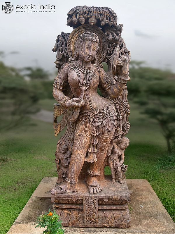 65" Mirror Lady | Sandstone Statue | Exquisite Handmade Indian Art