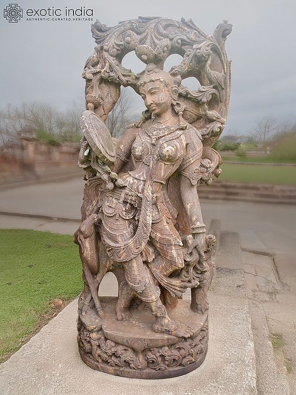 60" Mirror Lady | Sandstone Statue | Exquisite Handmade Indian Art
