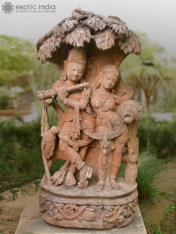 62" Standing Radha Krishna | Sandstone Statue | Exquisite Handmade Indian Art