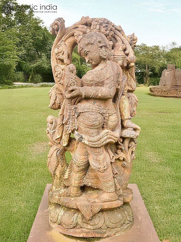30" A Lady with the Parrot | Sandstone Statue | Exquisite Handmade Indian Art