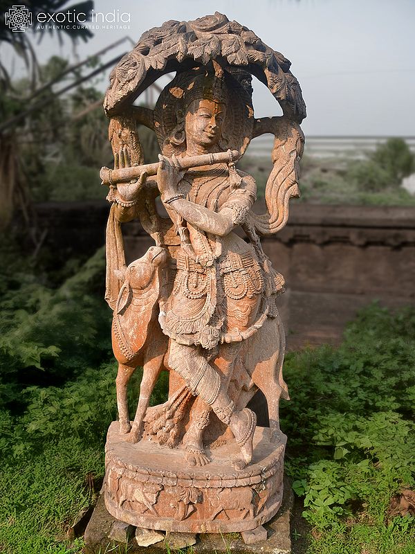 74" Lord Kanhaiya Standing under the Tree | Sandstone Statue | Exquisite Handmade Indian Art