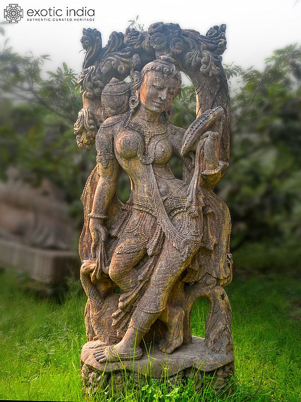 55" Beautiful Woman Admiring herself in the Mirror | Sandstone Statue | Exquisite Handmade Indian Artwork