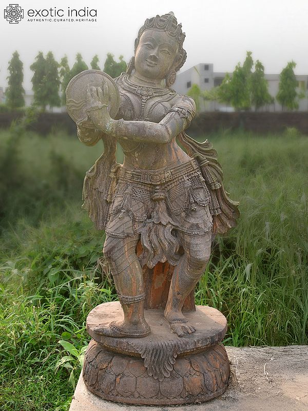 60" A Lady Holding Plate | Sandstone Statue | Exquisite Handmade Indian Art